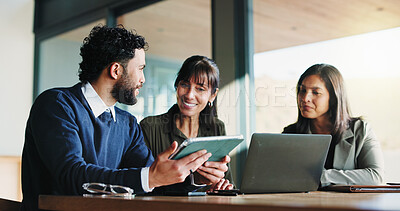 Buy stock photo Laptop, project management and tablet with business people in office for plan development. App, computer and meeting with corporate employee team in workplace boardroom for collaboration or research