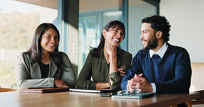 Buy stock photo Portrait, happy people and lawyers in boardroom for case discussion, legal assistance or client advocacy. Law firm, meeting and attorney team together for lawsuit consultation, court hearing or smile