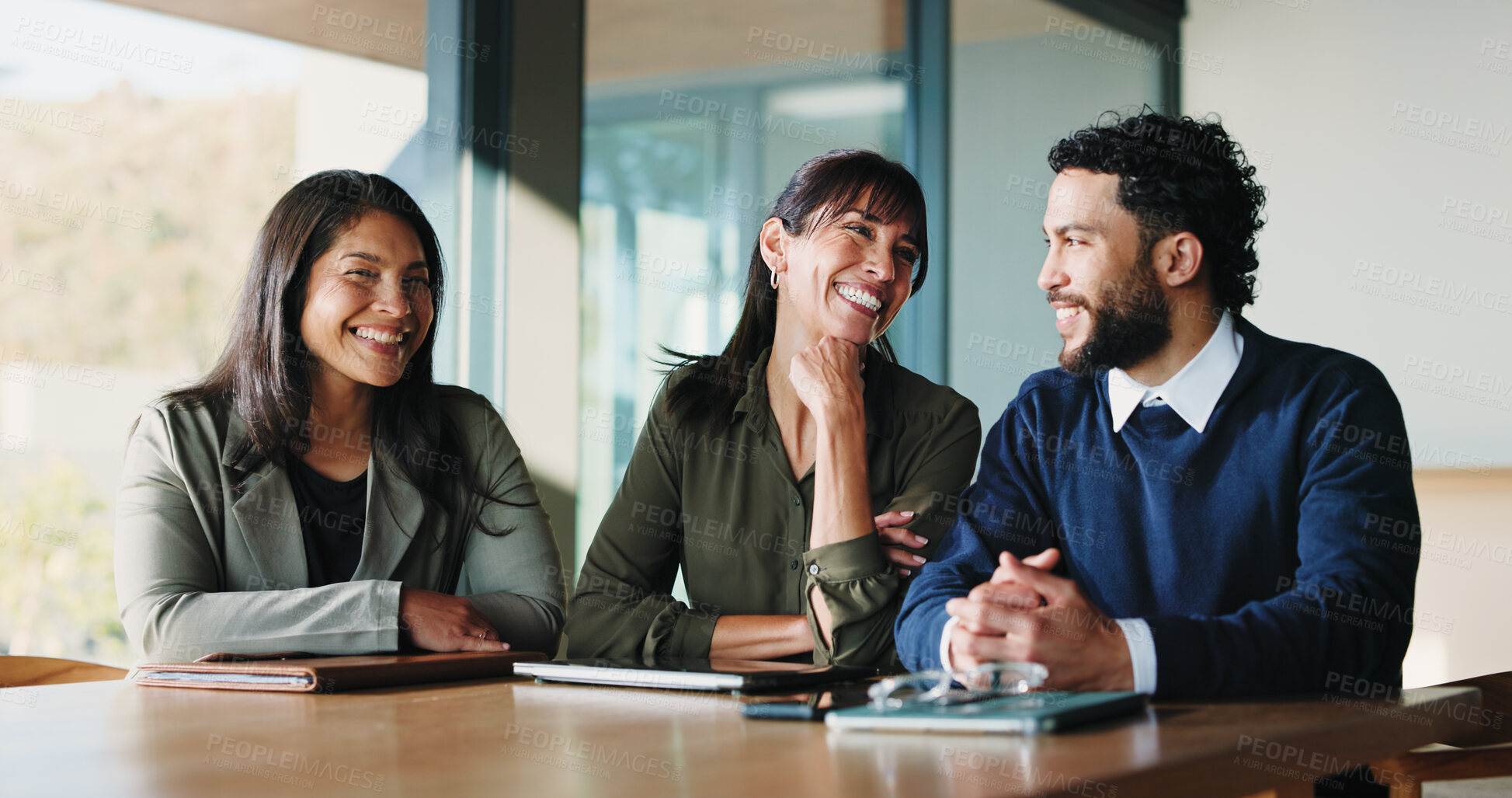 Buy stock photo Portrait, happy people and lawyers in boardroom for case discussion, legal assistance or client advocacy. Law firm, meeting and attorney team together for lawsuit consultation, court hearing or smile