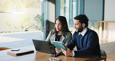 Buy stock photo Review, support or people in office with laptop, collaboration or project development for client. Digital, partnership or consultant in agency with tablet, report edit or feedback for stakeholder.