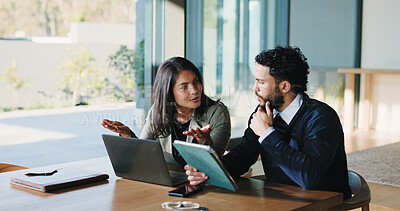 Buy stock photo Review, support or people in office with tech, collaboration or project development for client. Digital, partnership or consultant in agency with laptop, report edit or feedback for stakeholder.