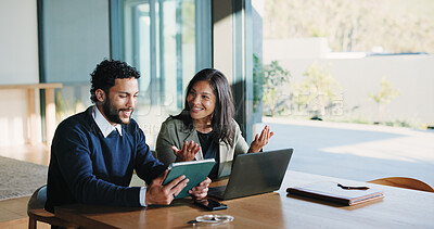 Buy stock photo Happy team, business people and planning in meeting with tech, financial solution or feedback. Laptop, office and discussion with tablet for investment idea, proposal and project success in company