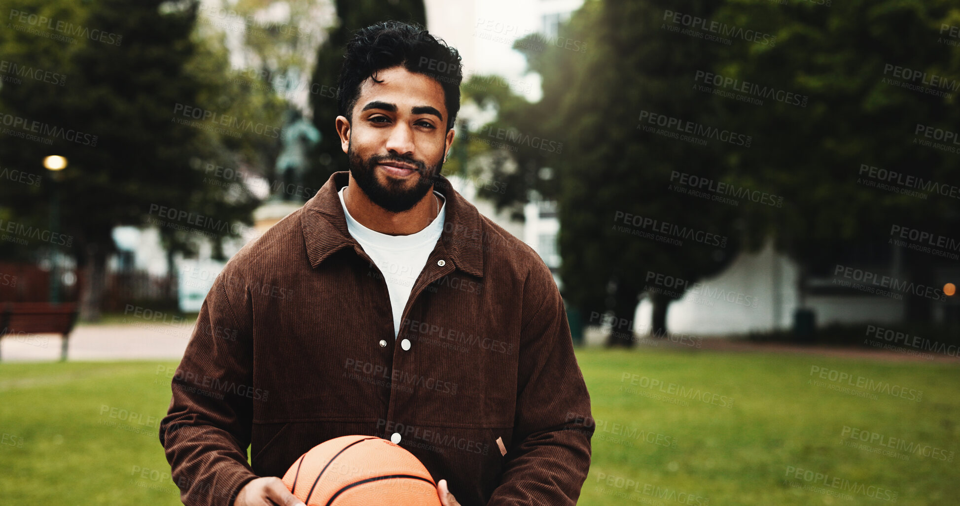 Buy stock photo College student, man or portrait with basketball outdoor for sport scholarship, study break or space. Ball, person or smile on university campus for learning opportunity, education or athlete funding