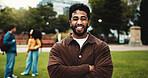 Portrait, college student or man on campus with arms crossed for scholarship, education or degree. Confident, happy person outdoor or pride at university for learning, knowledge or study opportunity.