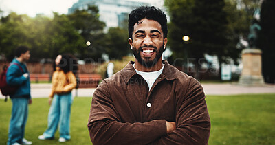 Buy stock photo Portrait, college student or man on campus with arms crossed for scholarship, education or degree. Confident, happy person outdoor or pride at university for learning, knowledge or study opportunity.