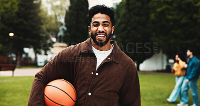 Buy stock photo Portrait, man and student with smile on campus for education, sports scholarship and learning. Happy, male person and basket ball for study opportunity, athlete funding and knowledge at university