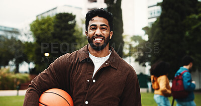 Buy stock photo Portrait, student and happy man with basketball at college, sports scholarship and education. Smile, university and person with ball at campus outdoor for learning, development and athlete bursary
