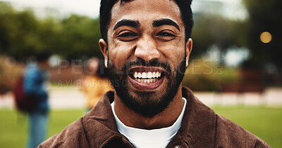 Buy stock photo Portrait, college student or man on campus with smile for scholarship, education or degree choice. Confident, happy person outdoor or pride at university for learning, knowledge or study opportunity.