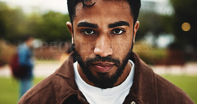 Buy stock photo Portrait, serious and university with man, student and outdoor with higher education. Campus, phd scholarship and person with knowledge, research and pride with college, growth and learning