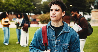 Buy stock photo Campus, thinking and university with man, student and decision for scholarship. Outdoor, college and person with ideas, choice and contemplation with higher education, problem solving and solution