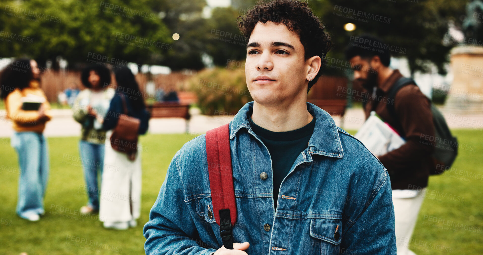Buy stock photo Campus, thinking and university with man, student and decision for scholarship. Outdoor, college and person with ideas, choice and contemplation with higher education, problem solving and solution