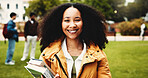 Happy woman, portrait and student with books in park for knowledge, education or learning. Female person, scholar or academic learner with smile for college scholarship or school tuition in nature