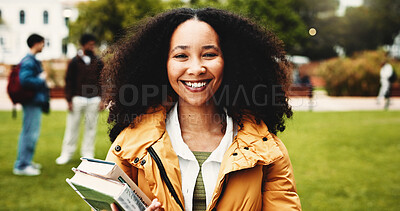 Buy stock photo Happy woman, portrait and student with books in park for knowledge, education or learning. Female person, scholar or academic learner with smile for college scholarship or school tuition on campus