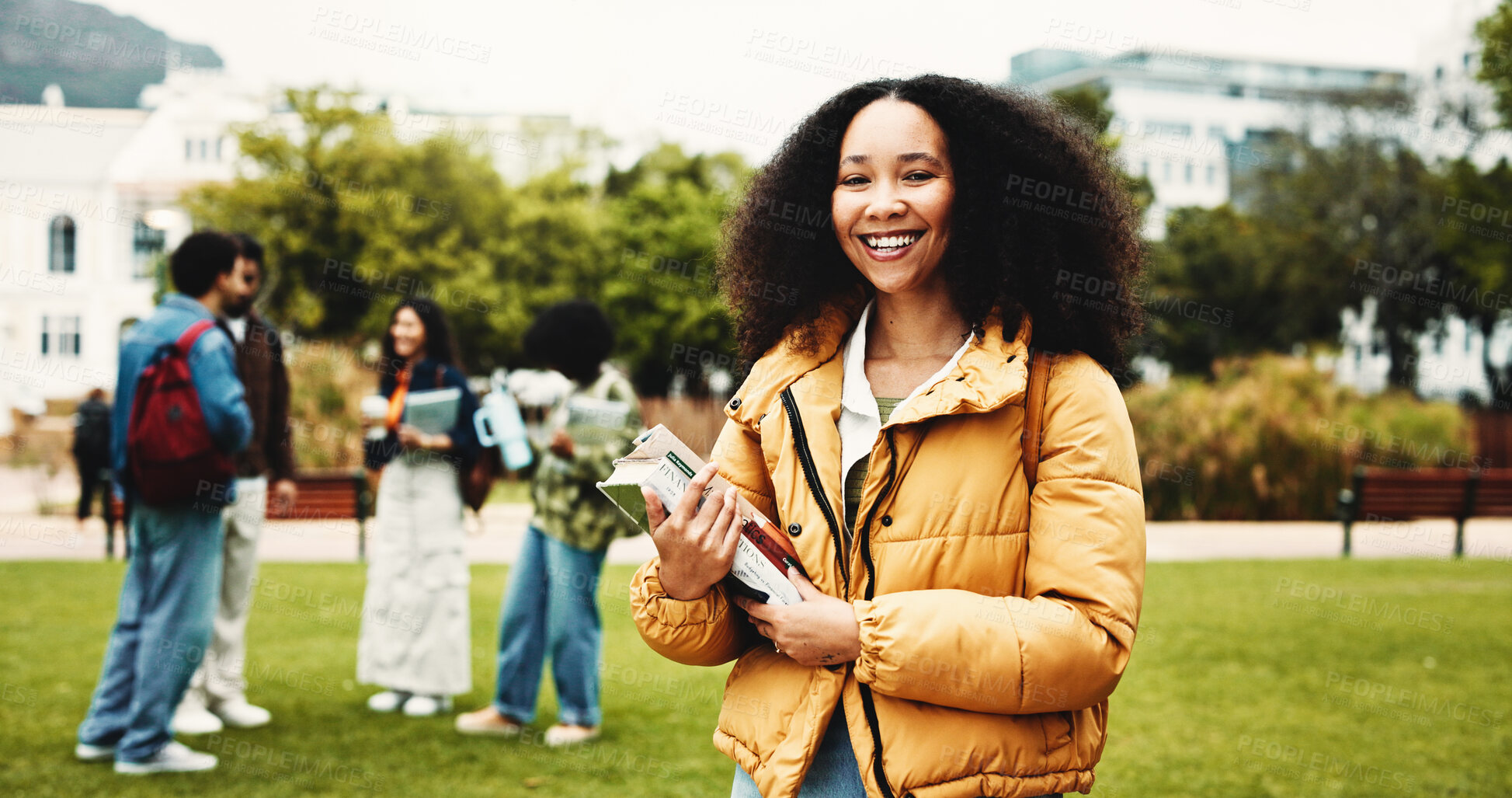 Buy stock photo College, portrait or girl on campus with books, knowledge or scholarship in study opportunity. Confident, university or student outdoor with textbooks, higher education or pride in academic course.