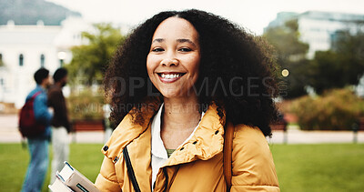 Buy stock photo Portrait, college student or woman on campus with books for scholarship, education or english degree. Happy, person outdoor or textbook at university for literature study, knowledge or learning goals