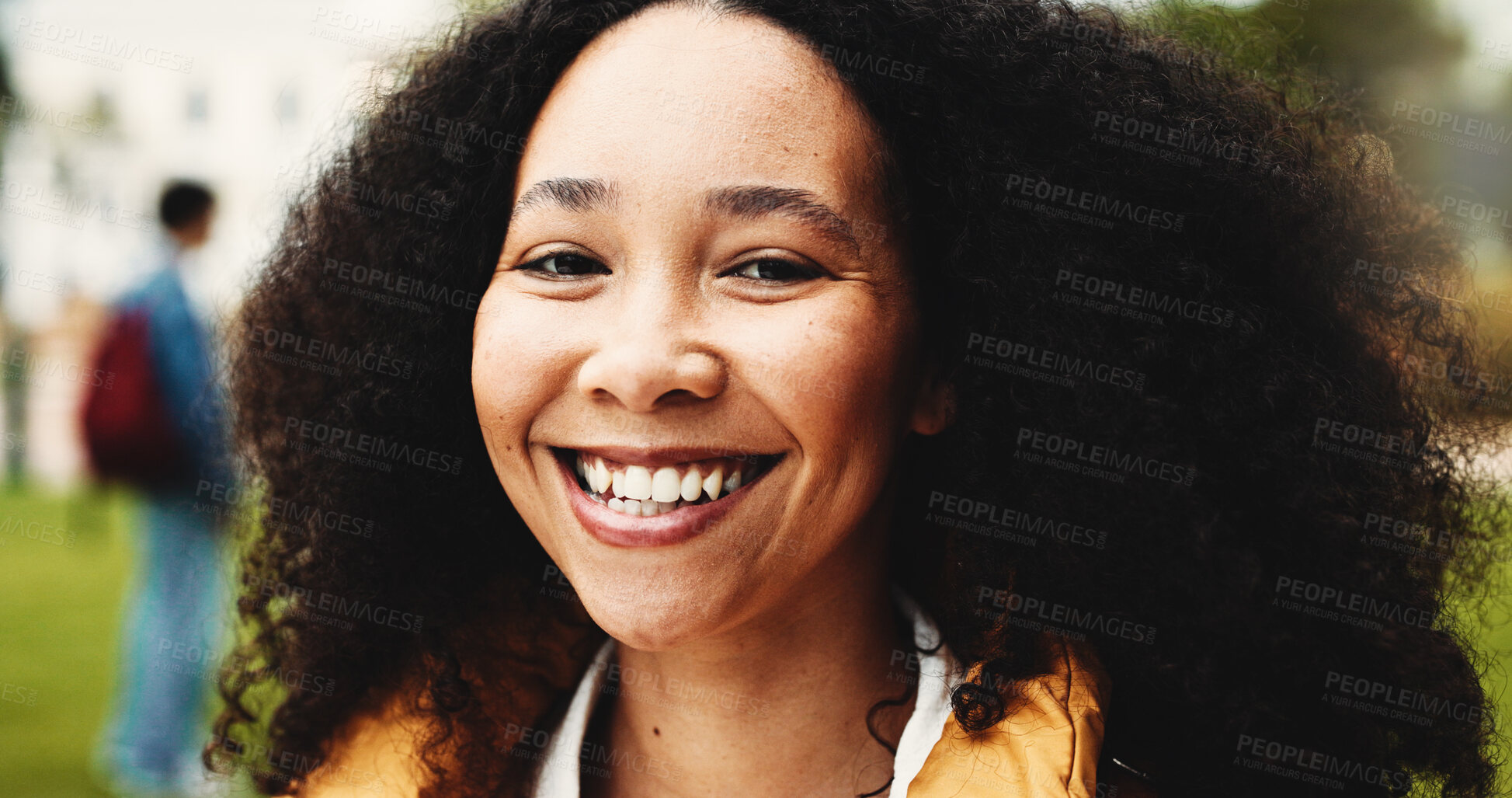 Buy stock photo University student, girl or smile in portrait on campus for learning break, scholarship pride or study. Education, person and happy at college for knowledge, semester confidence and academic scholar