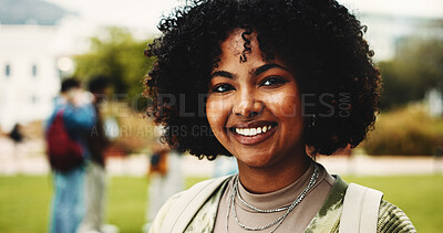 Buy stock photo Portrait, college student or woman on campus with smile for scholarship, education or degree choice. Happy, female person outdoor and pride at university for learning, knowledge or study opportunity.