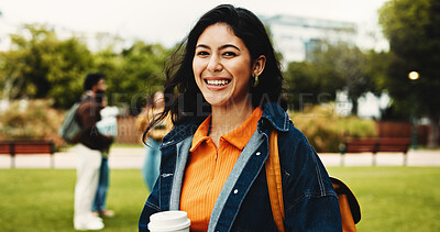 Buy stock photo Happy, woman and student with portrait on campus for education, scholarship and learning. Happy, female person and backpack outdoor of study opportunity, course curriculum and knowledge at university
