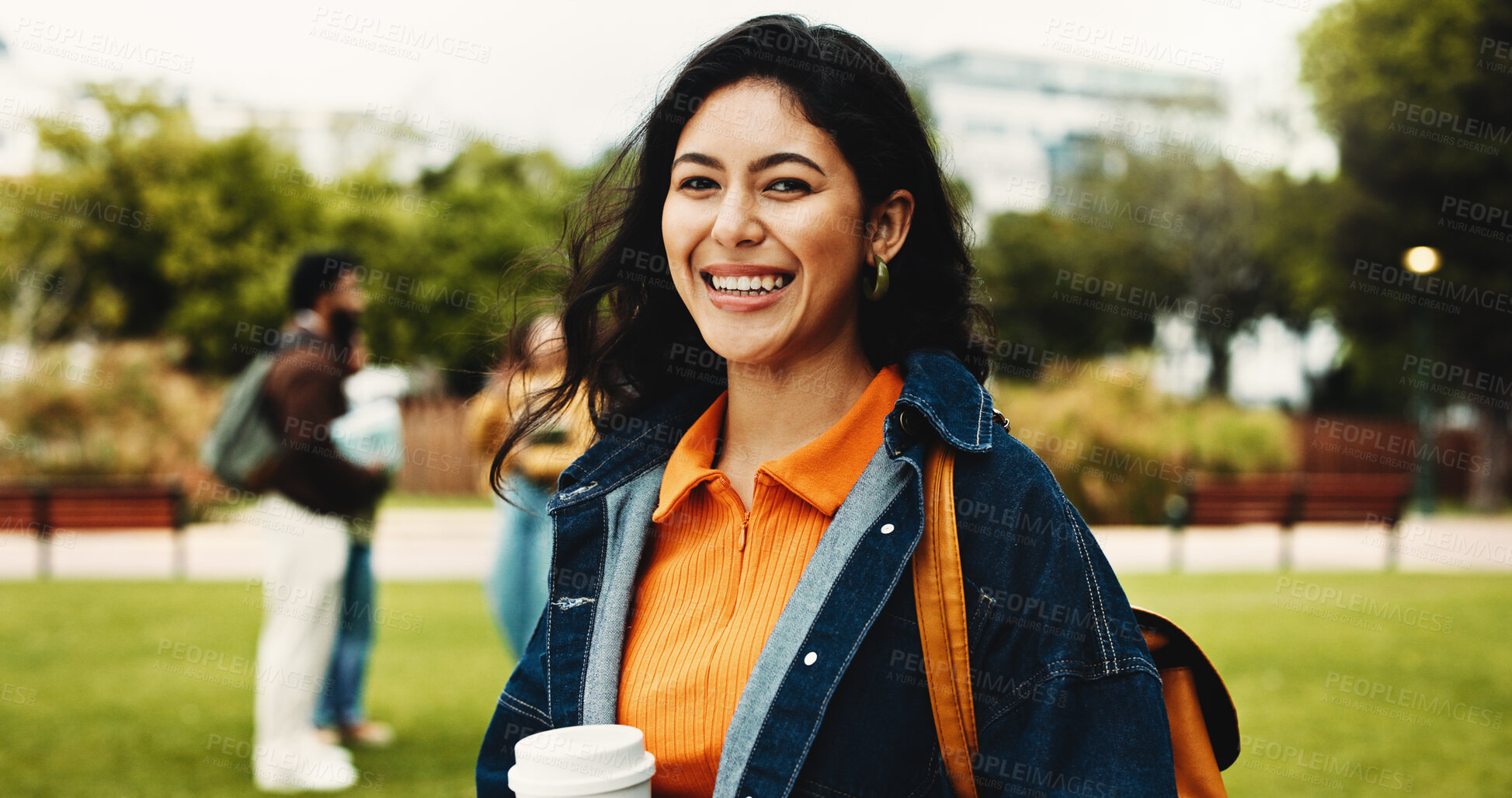 Buy stock photo Happy, woman and student with portrait on campus for education, scholarship and learning. Happy, female person and backpack outdoor of study opportunity, course curriculum and knowledge at university