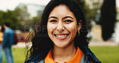 Buy stock photo University student, girl or happy in portrait on campus for study break, scholarship pride or fresh air. Education, person and smile at college for knowledge, semester confidence and academic scholar