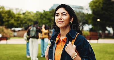 Buy stock photo Outdoor, student and woman on campus, thinking and education for skill development, learn or college. Future, reflection and person with scholarship for opportunity, vision and studies at university