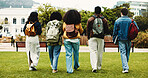 College, back or friends on campus with walk, bonding together or shared opportunity in scholarship. Confident, university or students outdoor with backpack, connection or peers in academic course.