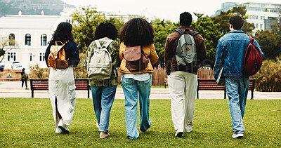 Buy stock photo College, back or friends on campus with walk, bonding together or shared opportunity in scholarship. Confident, university or students outdoor with backpack, connection or peers in academic course.