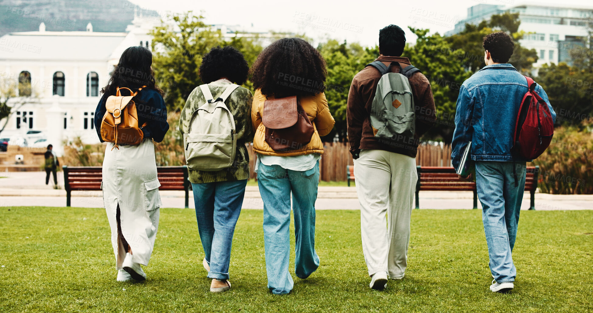 Buy stock photo College, back or friends on campus with walk, bonding together or shared opportunity in scholarship. Confident, university or students outdoor with backpack, connection or peers in academic course.