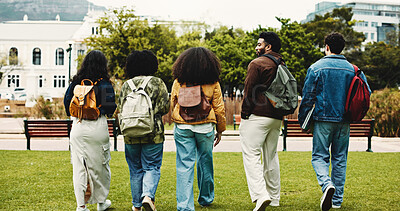 Buy stock photo College, education and back of people with walking for friends, learning and knowledge. University, academy and youth development with gen z students on campus for scholarship, break and bonding