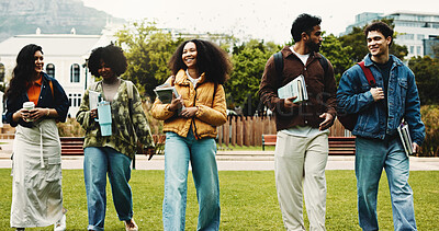 Buy stock photo College, walk or friends on campus with stationary, bonding or shared opportunity in scholarship. Confident, university or students outdoor with backpack, connection or peers in academic course.
