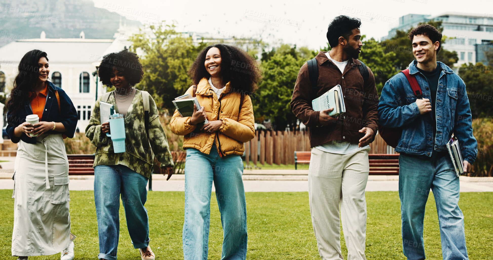 Buy stock photo College, walk or friends on campus with stationary, bonding or shared opportunity in scholarship. Confident, university or students outdoor with backpack, connection or peers in academic course.