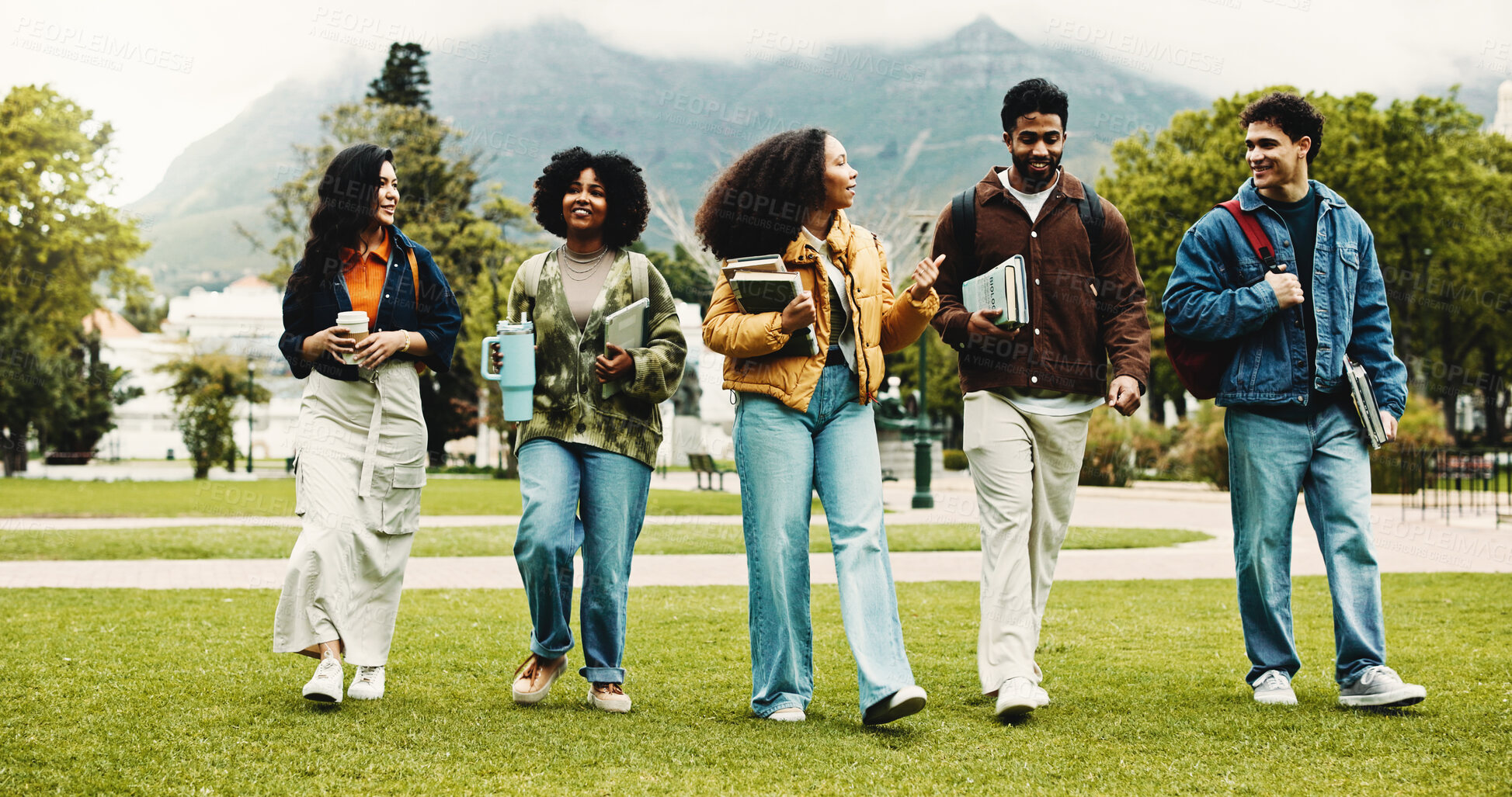 Buy stock photo College, walk or friends on campus with notebook, bonding or shared opportunity in scholarship. Confident, university or students outdoor with textbooks, connection or peers in academic course.