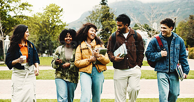 Buy stock photo College, education and happy people with walking for friends, learning and knowledge. University, academy and youth development with gen z students on campus for scholarship, break and bonding