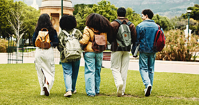 Buy stock photo College, back or friends on campus with walking, bonding or shared opportunity in scholarship. Confident, university or students outdoor with backpacks, connection or peers in academic course.