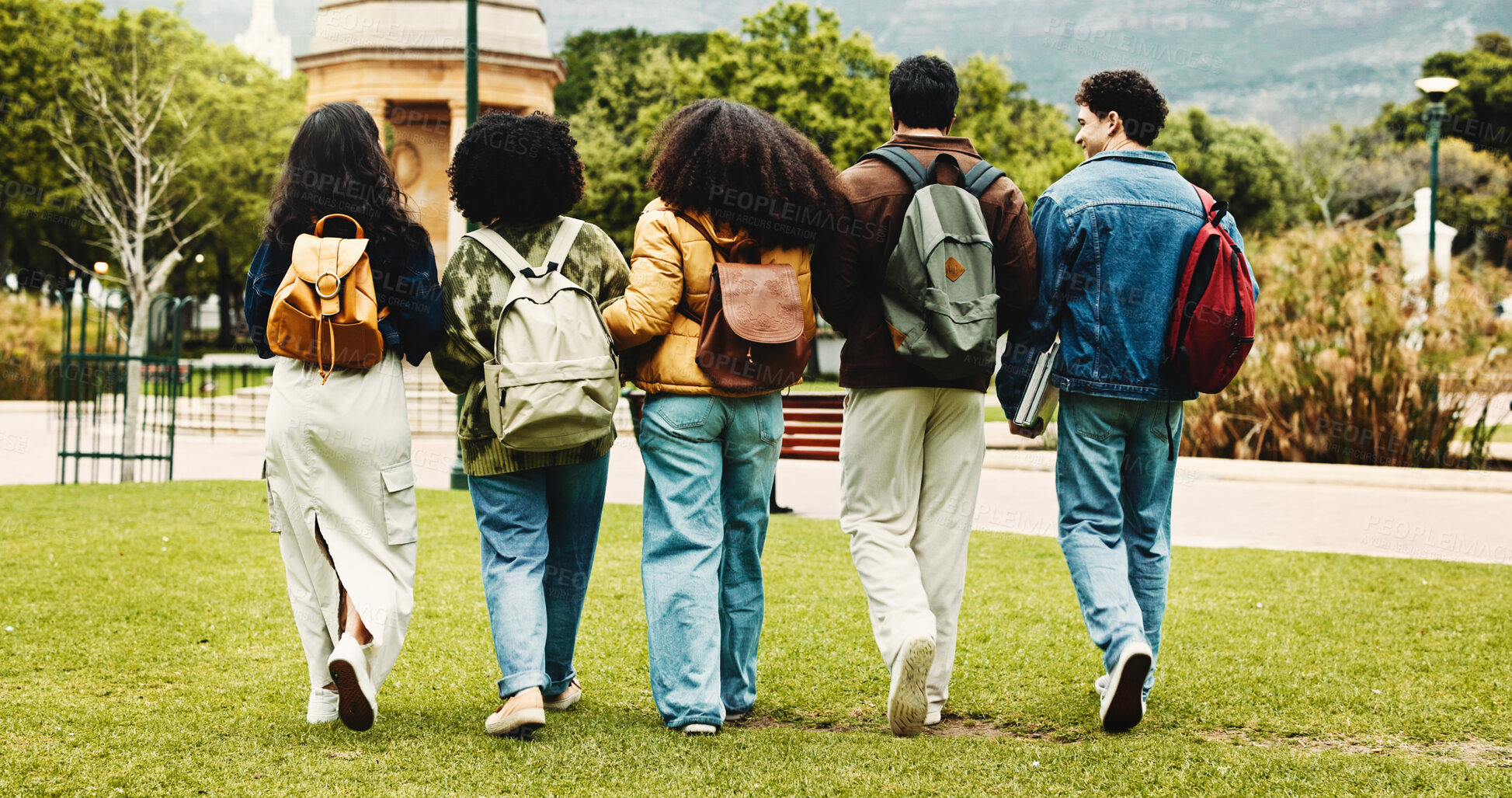 Buy stock photo College, back or friends on campus with walking, bonding or shared opportunity in scholarship. Confident, university or students outdoor with backpacks, connection or peers in academic course.