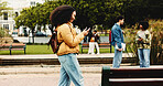 College, walking and woman with phone for social media, networking and online message on campus. University, academy and student on smartphone for connection, internet or website on journey to class