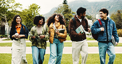 Buy stock photo Happy, students and laughing on campus, walking and bonding on journey, friends and funny discussion. College, people and humor for joke, men or women with scholarship for education, talk and outdoor