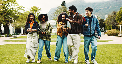 Buy stock photo College, education and excited people with walking for friends, learning and knowledge. University, academy and youth development with gen z students on campus for scholarship, break and bonding