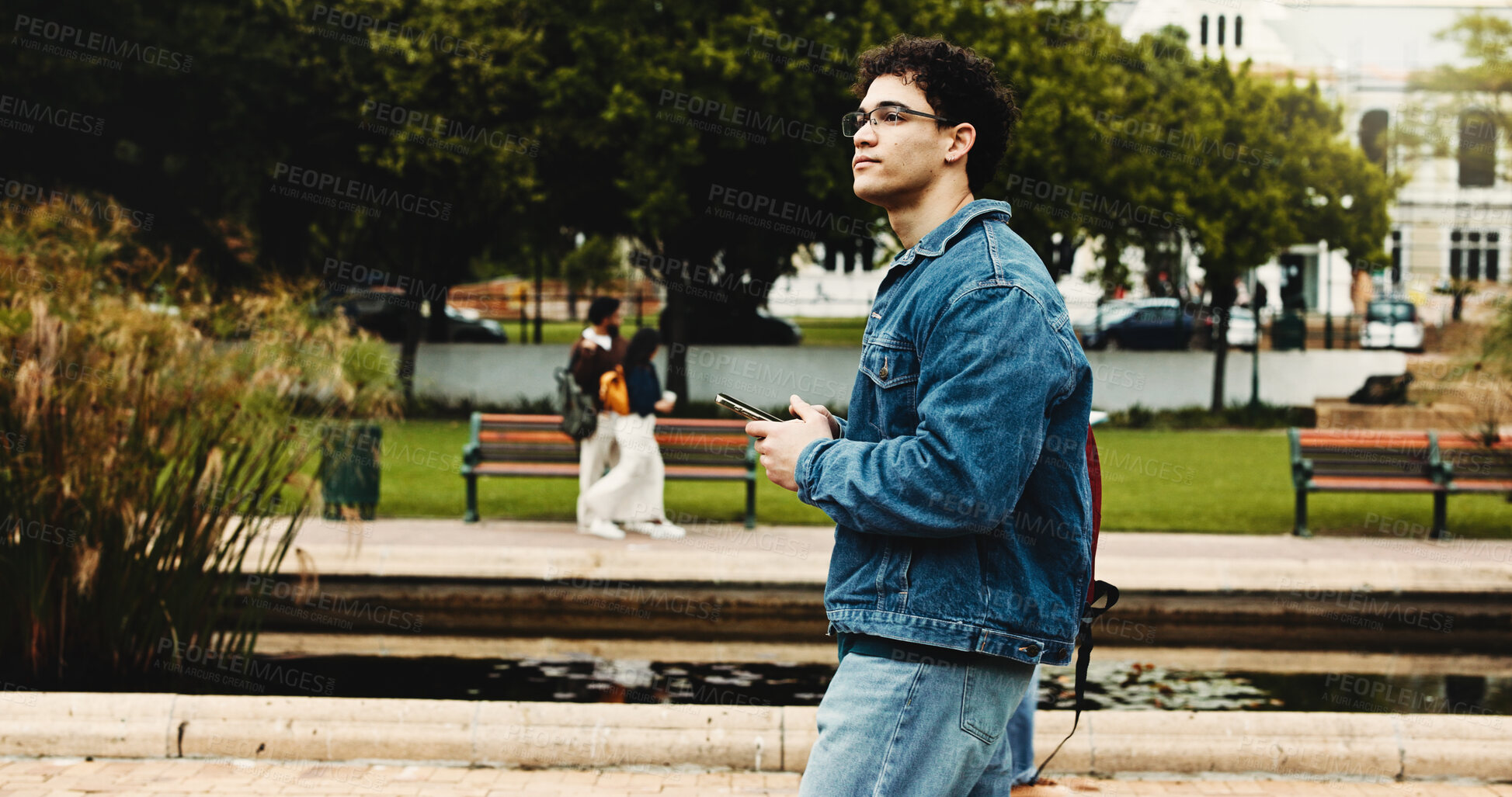 Buy stock photo Smartphone, thinking and university with man, student and website info for scholarship. Outdoor, college and person with ideas, choice and cellphone with social media, communication and internet