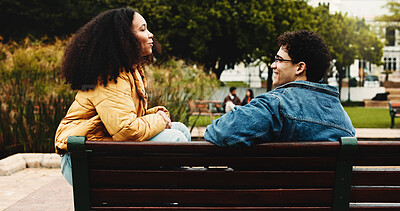 Buy stock photo University, students and people on bench, conversation and feedback for assignment. Relax, man and woman with discussion, college and knowledge with higher education, scholarship and study support