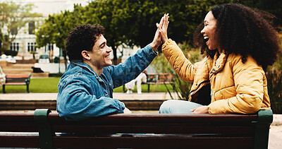 Buy stock photo Happy, college students or high five on campus for success, scholarship opportunity or degree choice. People outdoor, celebration or smile in university for skill development, study or learning goals