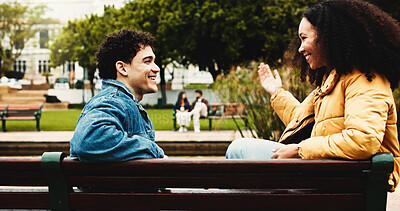 Buy stock photo University, students and people on bench, discussion and feedback for assignment, humor and break. Relax, man and woman with study support, college and knowledge with education, scholarship and laugh