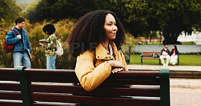 Buy stock photo University, thinking or student on bench with smile, education or scholarship idea in study break. Happy, reflection or woman in park for college, academic opportunity or grant goal with rest.
