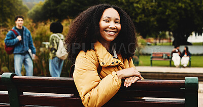 Buy stock photo Portrait woman and student on bench on campus for education, scholarship and learning. Happy, female person and backpack outdoor of study opportunity, course curriculum and knowledge at university