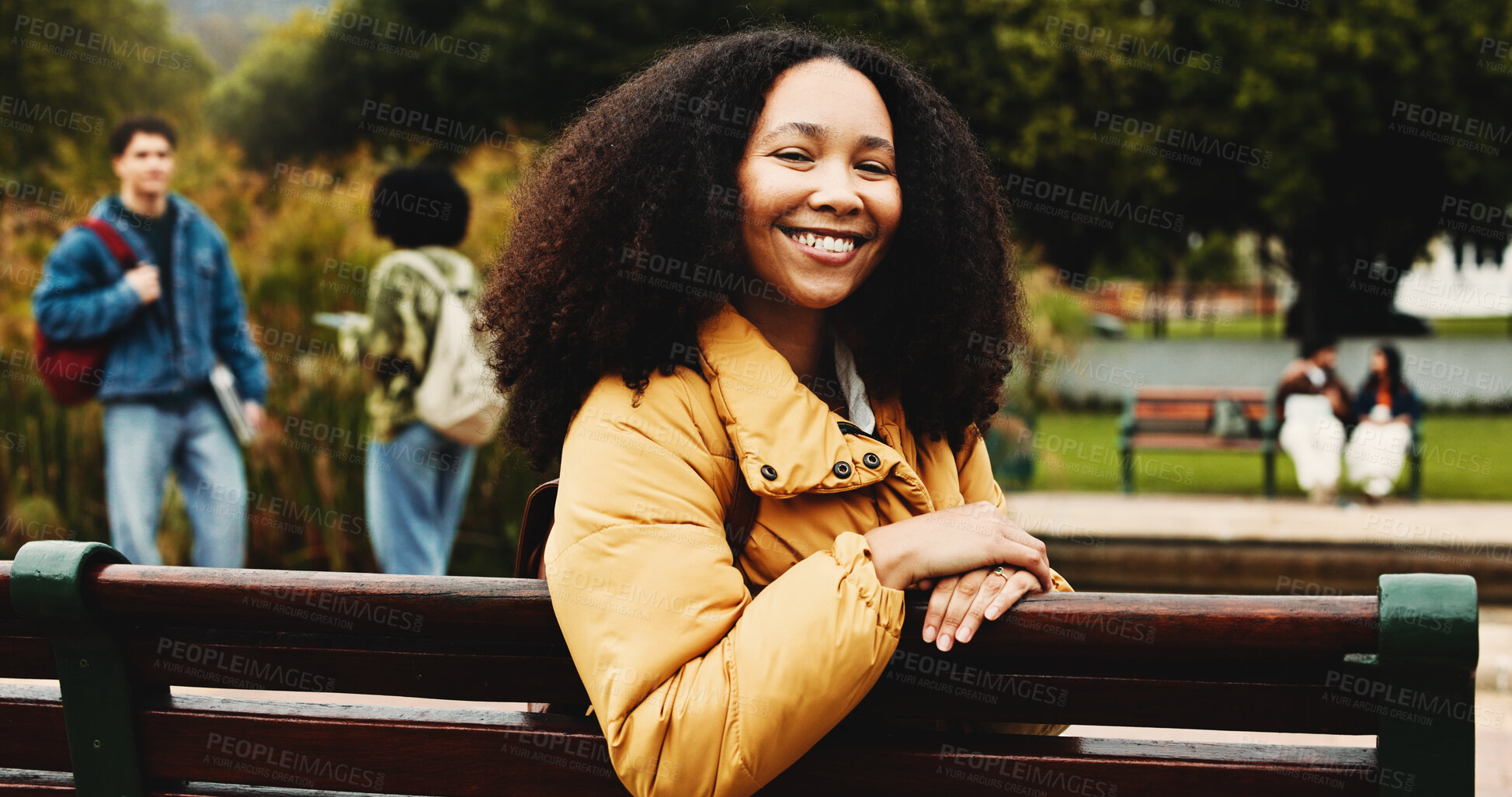 Buy stock photo Portrait woman and student on bench on campus for education, scholarship and learning. Happy, female person and backpack outdoor of study opportunity, course curriculum and knowledge at university