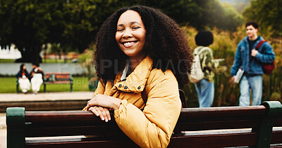 Buy stock photo University, portrait or woman on bench with smile, school or scholarship in study opportunity. Happy, college or student on campus with confidence, higher education or pride in academic course.