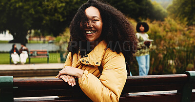 Buy stock photo College, portrait or black girl on bench with smile, knowledge or scholarship in study opportunity. Happy, university or student outdoor with confidence, higher education or pride in academic course.