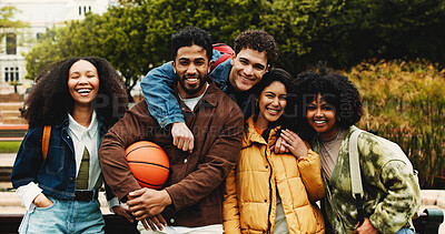 Buy stock photo College, education and portrait of people with smile for friends, learning and knowledge. University, academy and youth development with gen z students on campus for scholarship, break and bonding