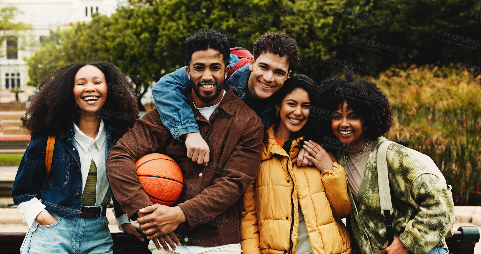 Buy stock photo College, education and portrait of people with smile for friends, learning and knowledge. University, academy and youth development with gen z students on campus for scholarship, break and bonding