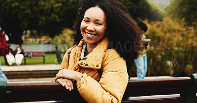 Buy stock photo Portrait, woman and student on bench at college for education, scholarship and learning. Happy, female person and backpack outdoor of study opportunity, course curriculum and knowledge at university